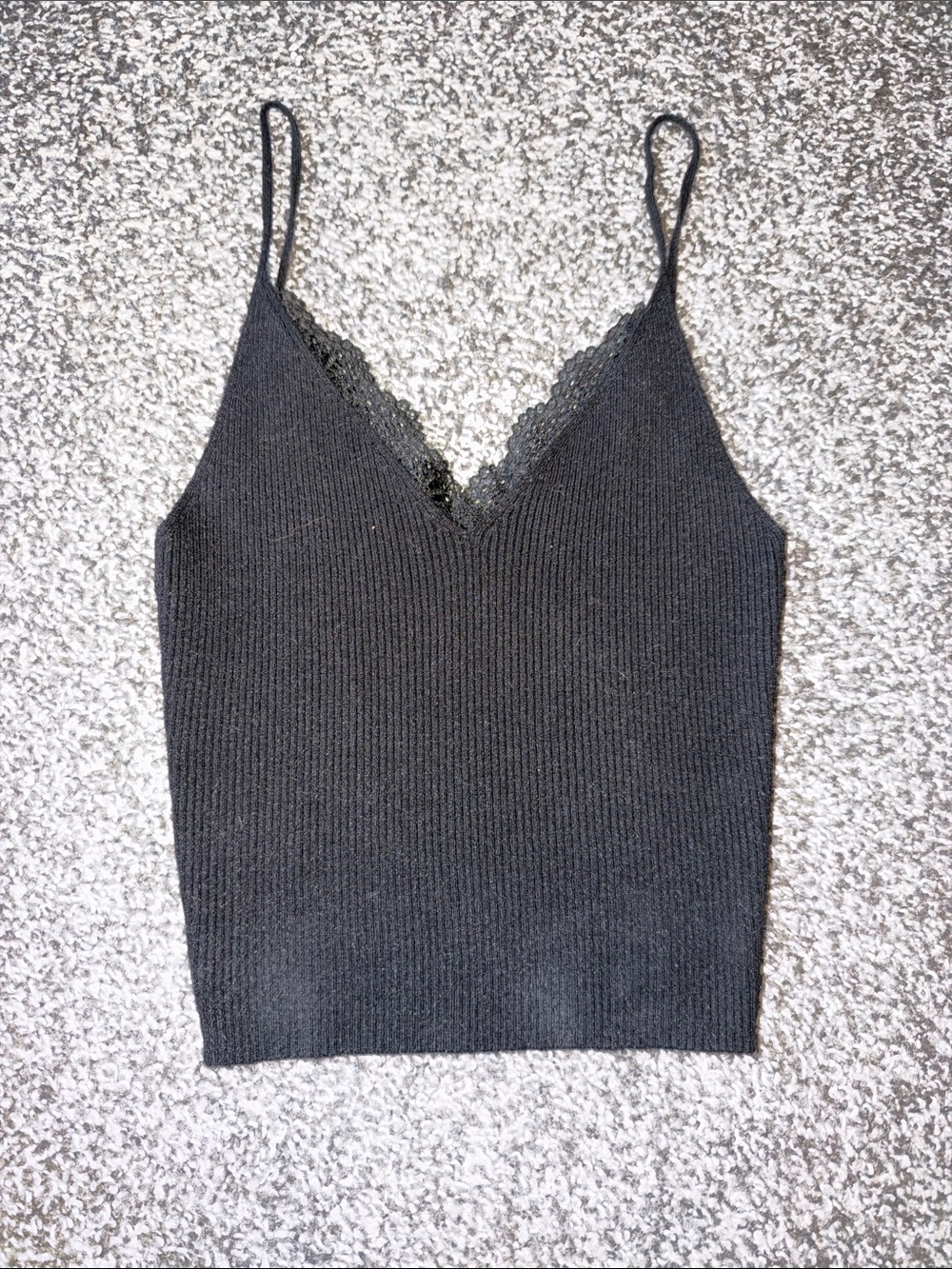 Black Lace-Trim Ribbed Camisole Tank Top